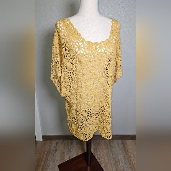 Dress Barn Mustard Yellow Crochet Scoop Neck Tunic Top Open Knit Size 2x - Picture 7 of 14